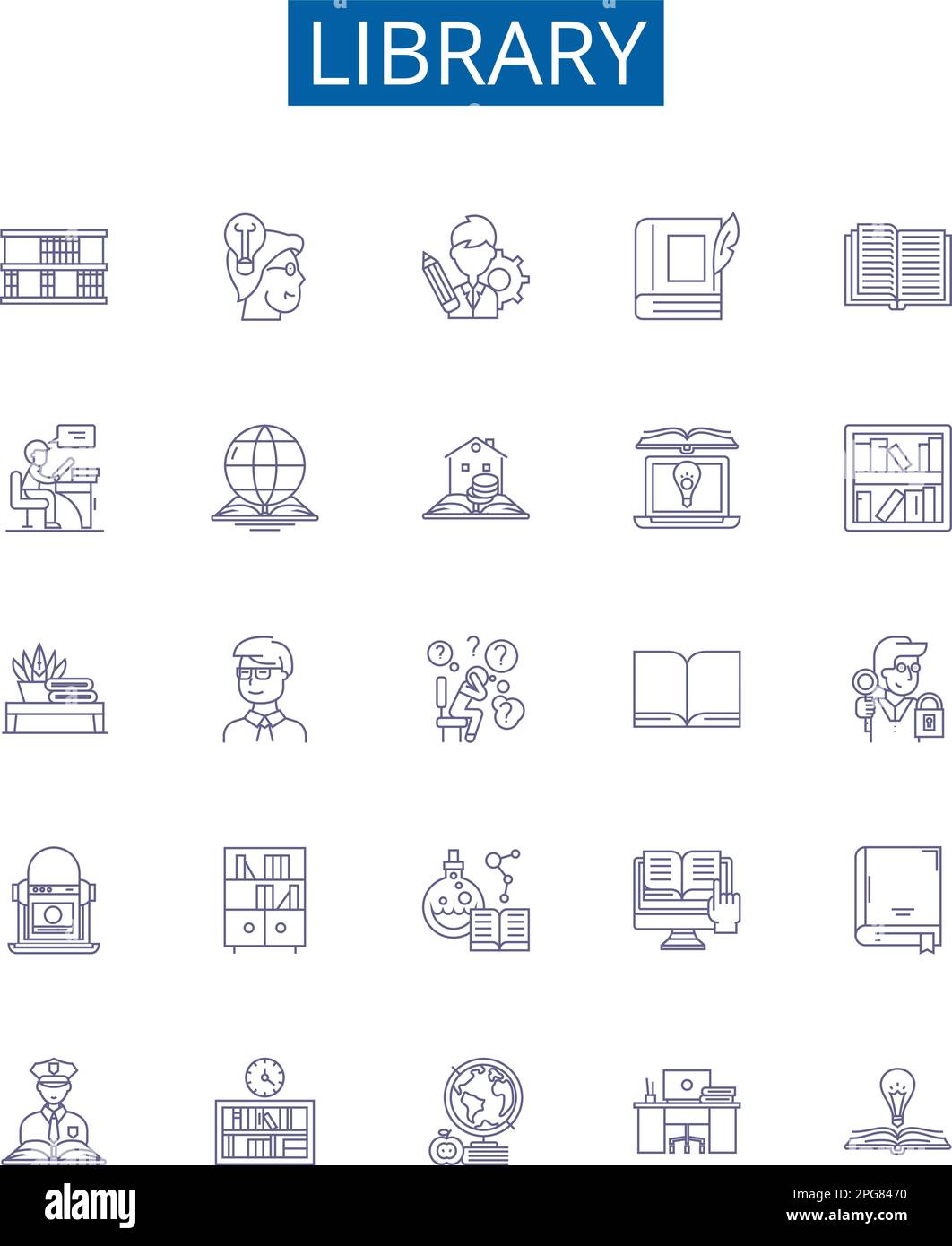 Symbole für Bibliothekslinien sind eingestellt. Entwurfssammlung aus Bibliothek, Büchern, Referenzen, Abschnitten, Wissen, Catalog, Resources, Reading Outline Concept Vector (Katalog, Ressourcen, Modellstruktur wird gelesen) Stock Vektor