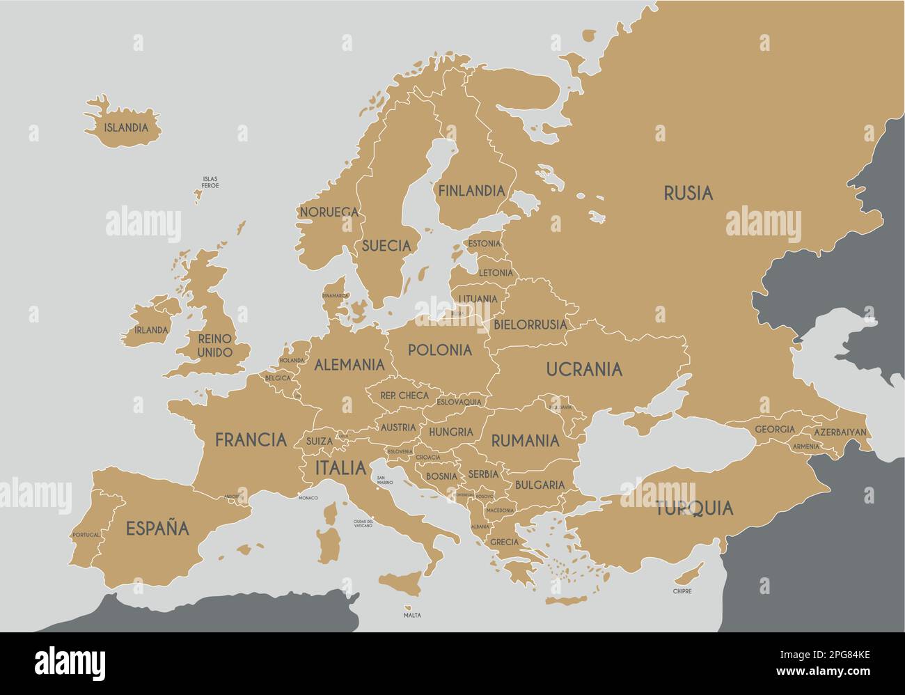 Politisches Europa Kartenvektordarstellung mit Ländernamen in spanisch. Bearbeitbare und deutlich beschriftete Ebenen. Stock Vektor