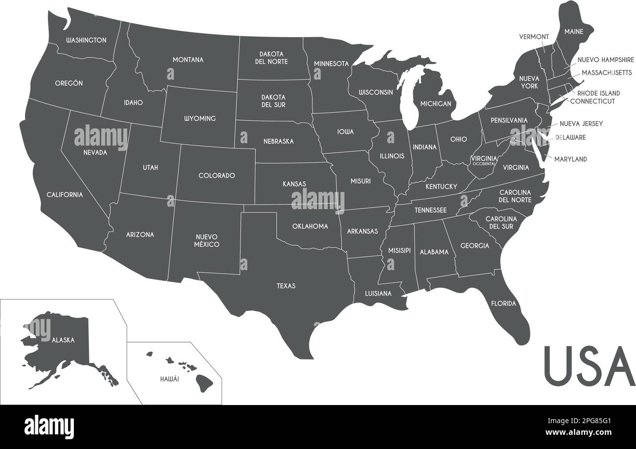 USA-Kartenvektordarstellung isoliert auf weißem Hintergrund mit Ländernamen in spanischer Sprache. Bearbeitbare und deutlich beschriftete Ebenen. Stock Vektor