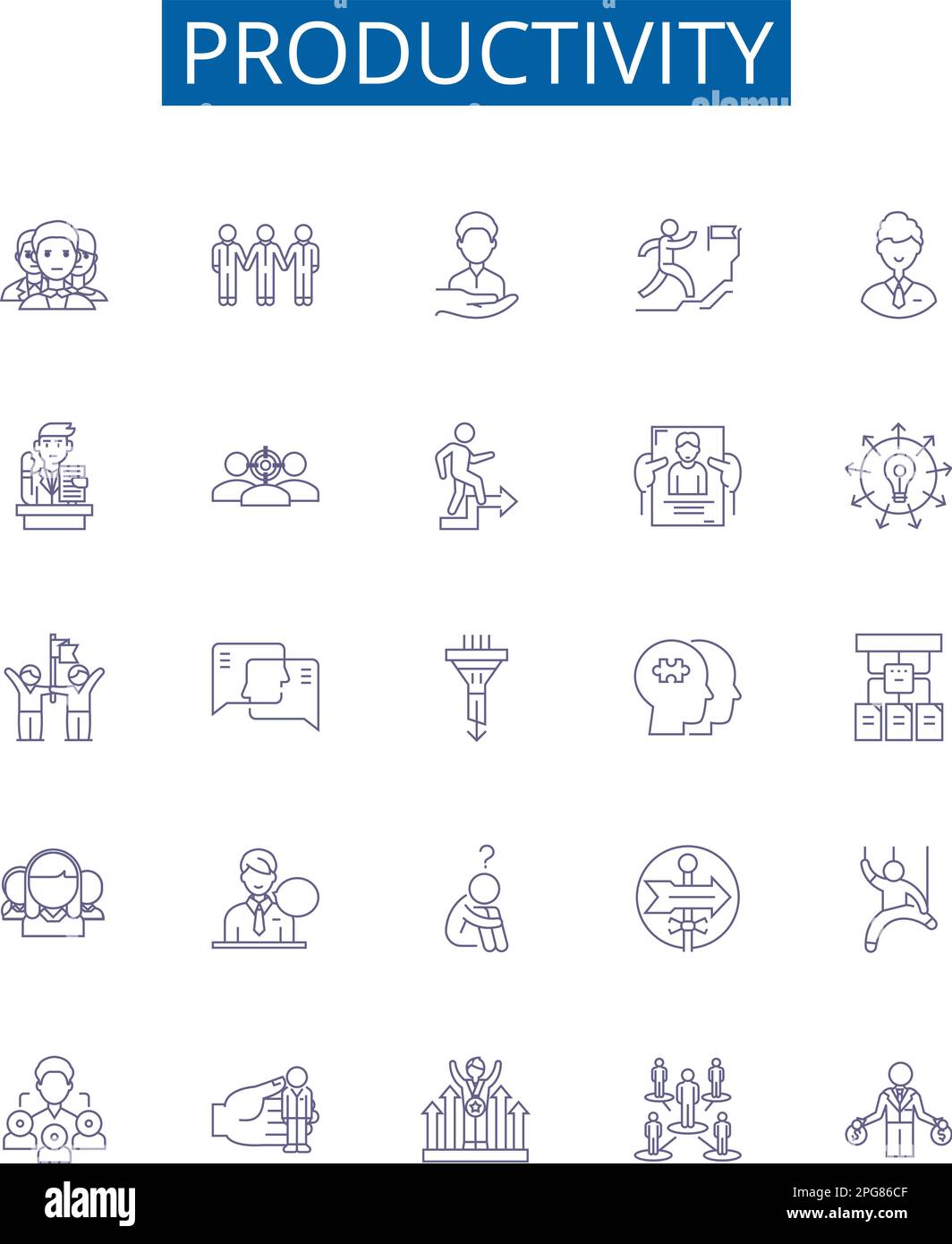 Symbole für Produktivitätslinien festgelegt. Design-Sammlung von Effizienz, Leistung, Qualität, Output, Rentabilität, Optimieren, Beschleunigen, Optimieren Stock Vektor