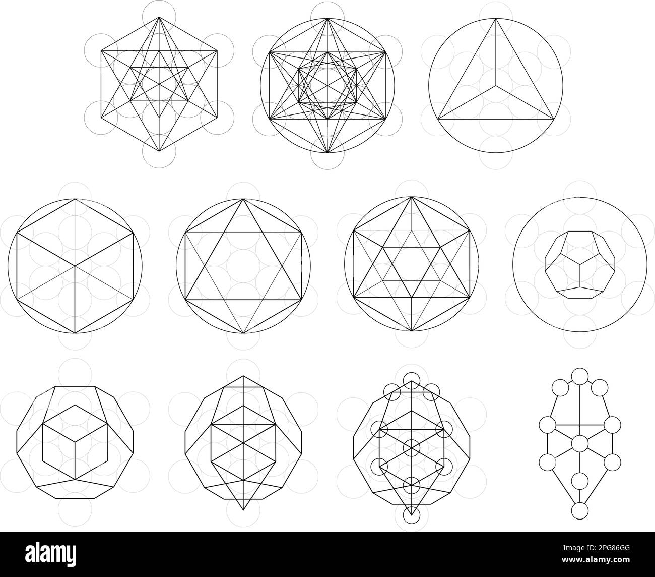 Set geometrischer Elemente und Formen. Die Entwicklung des Cubes für die heilige Geometrie. Vektorkonstruktionen Stock Vektor