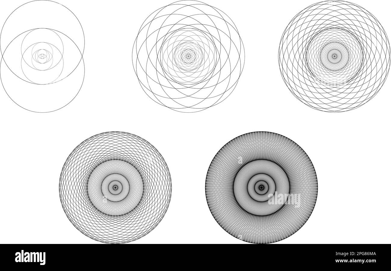 Set geometrischer Elemente und Formen. Heilige Geometrie Vesica Piscis Entwicklung und Evolution. Vektorkonstruktionen Stock Vektor