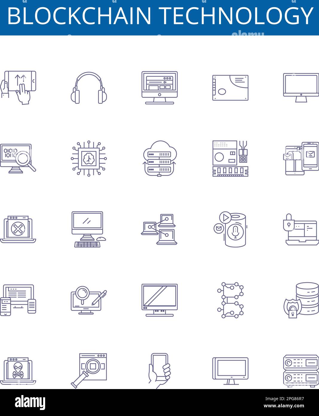Blockchain-Technologie Linienzeichen gesetzt. Design-Sammlung von Blockchain, Technologie, dezentralisiert, Ledger, Kryptografie, Kryptowährung Stock Vektor