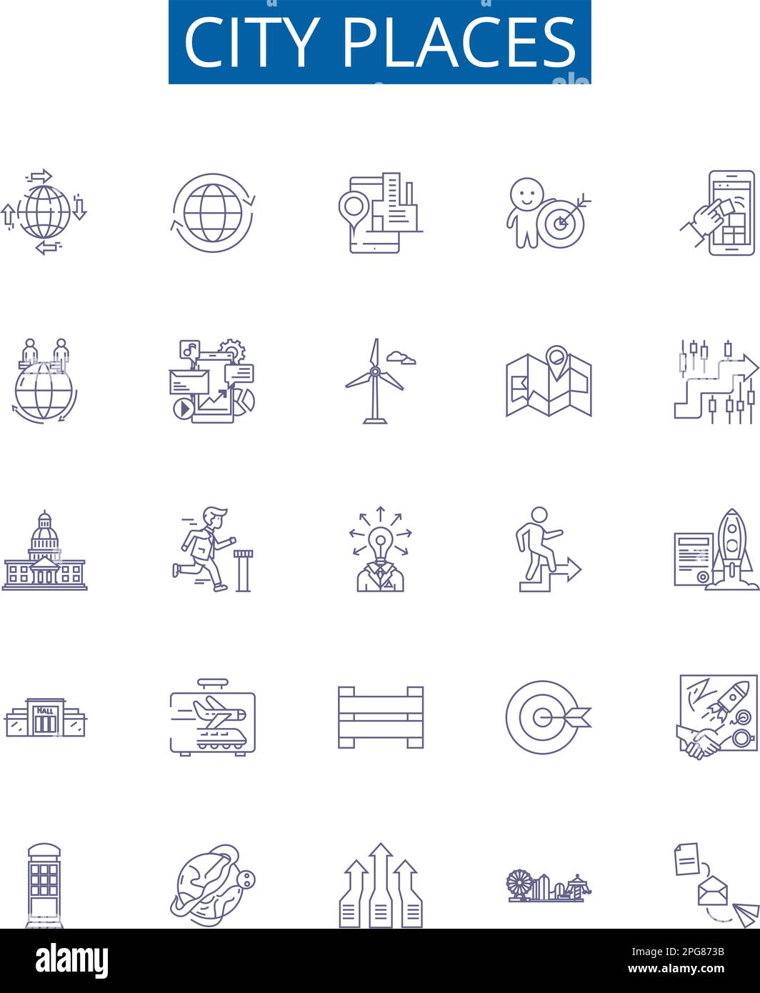 Stadt Orte Liniensymbole Zeichen gesetzt. Design-Sammlung von Town, Metropolis, Village, Borough, Settlement, Vorort, Plaza, Avenida-Konturenkonzept-Vektor Stock Vektor