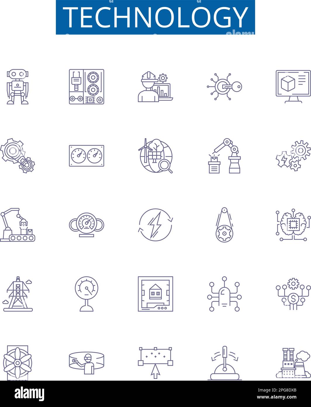 Symbole der Technologielinie Zeichen gesetzt. Design-Sammlung von Technik, Gadget, Elektronik, Netzwerk, Software, Konzeptvektor für Programm-, KI-, Maschinenkontur Stock Vektor