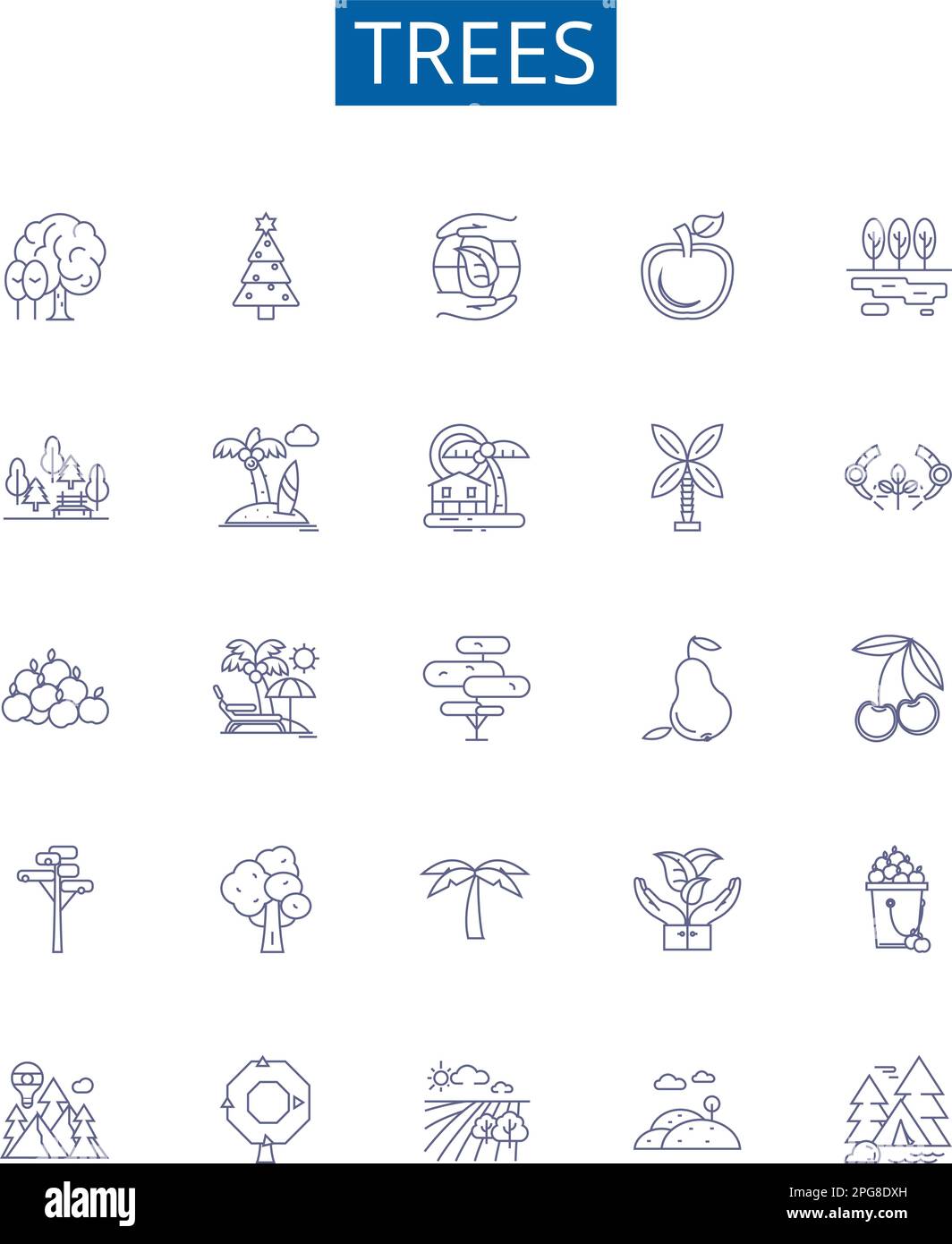 Symbole für Baumlinien sind eingestellt. Designkollektion aus Baum, Nadelholz, Holz, Kiefer, Eiche, Maple-, Palm-, Cedar-Kontur-Vektordarstellungen Stock Vektor