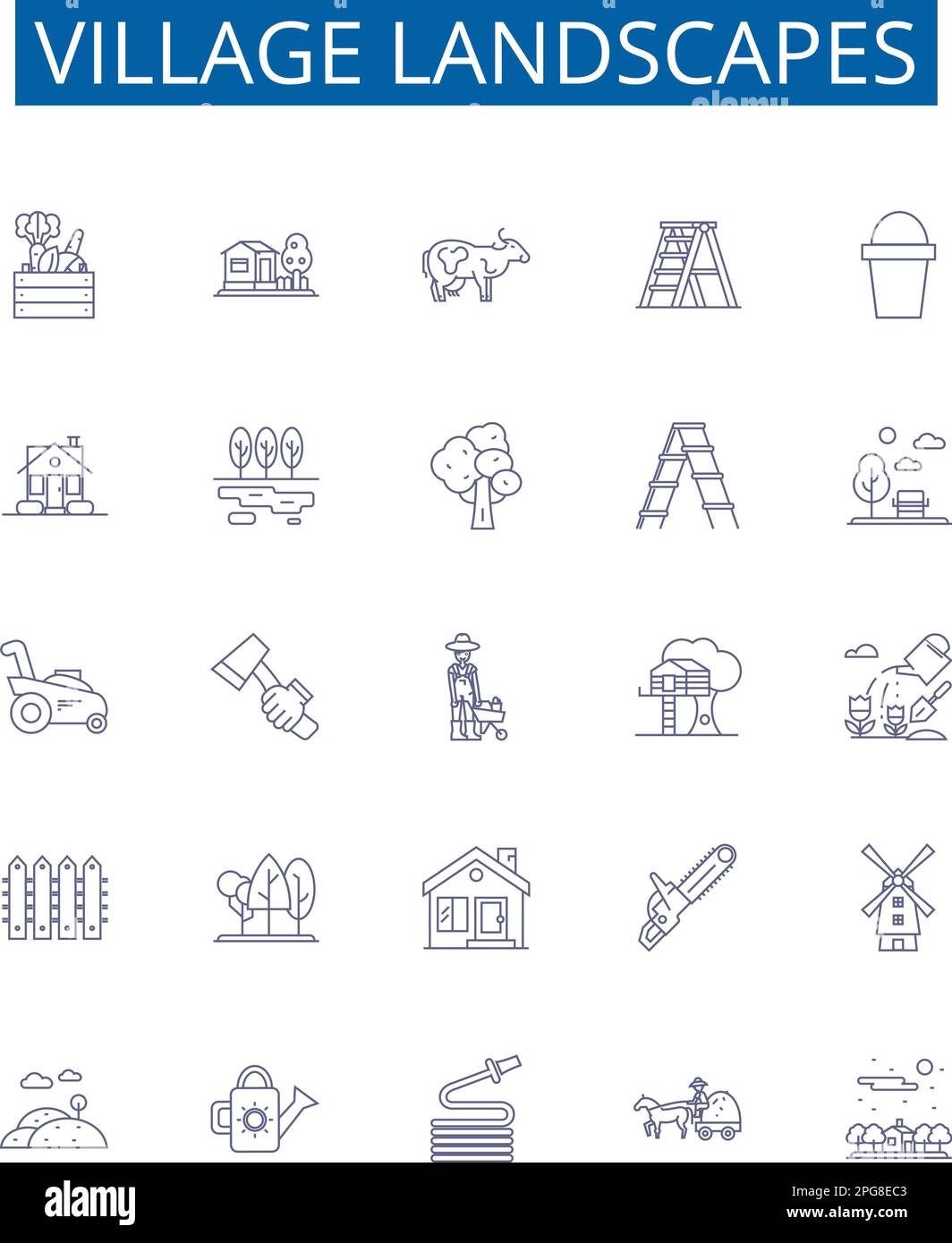 Dorflandschaften, Symbole, Schilder. Design-Sammlung von Village, Landscape, Vistas, Horizon, Vororten, Fields, Houses, Cottages (Felder, Häuser, Hütten) umreißen das Konzept Stock Vektor