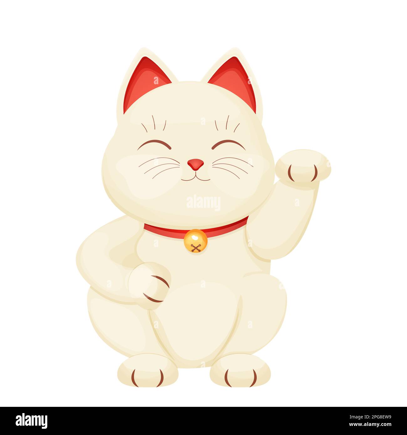 Maneki Neko Katzentradition Glücksfigur, Tier mit Kragen und Glocke im Cartoon-Stil isoliert auf weißem Hintergrund. Vektordarstellung Stock Vektor