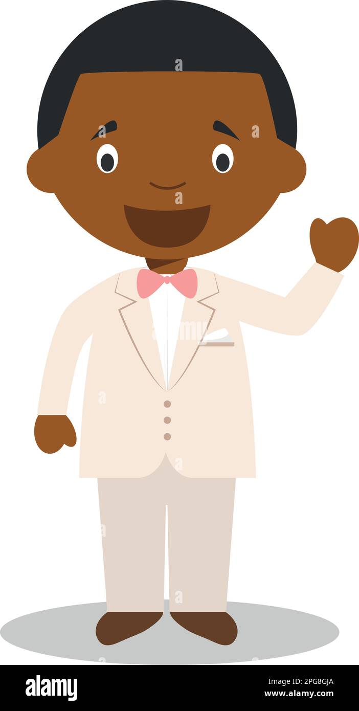 Schwarzer Bräutigam in einem cremefarbenen Anzug im Cartoon-Stil Vector Illustration Stock Vektor