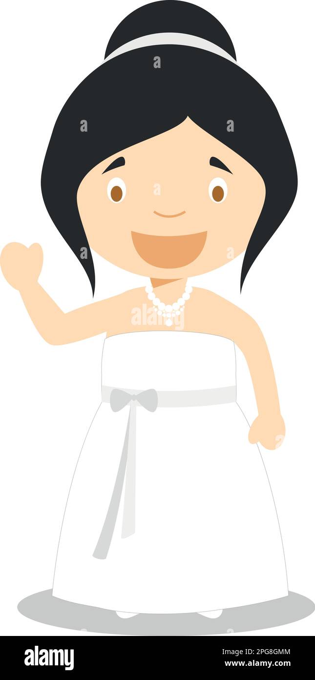 Die kaukasische Braut trägt ein Hochzeitskleid im Cartoon-Stil Vector Illustration Stock Vektor