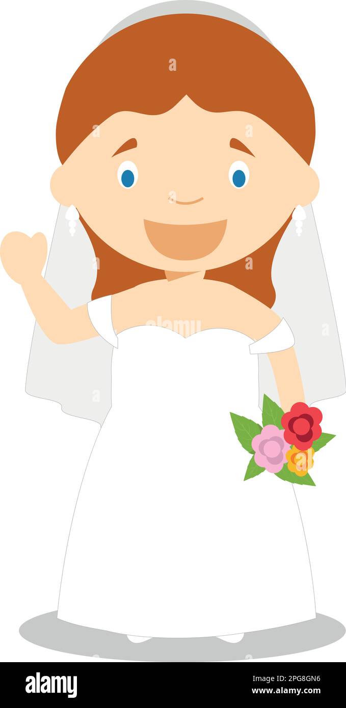 Die kaukasische Braut trägt ein Hochzeitskleid im Cartoon-Stil Vector Illustration Stock Vektor
