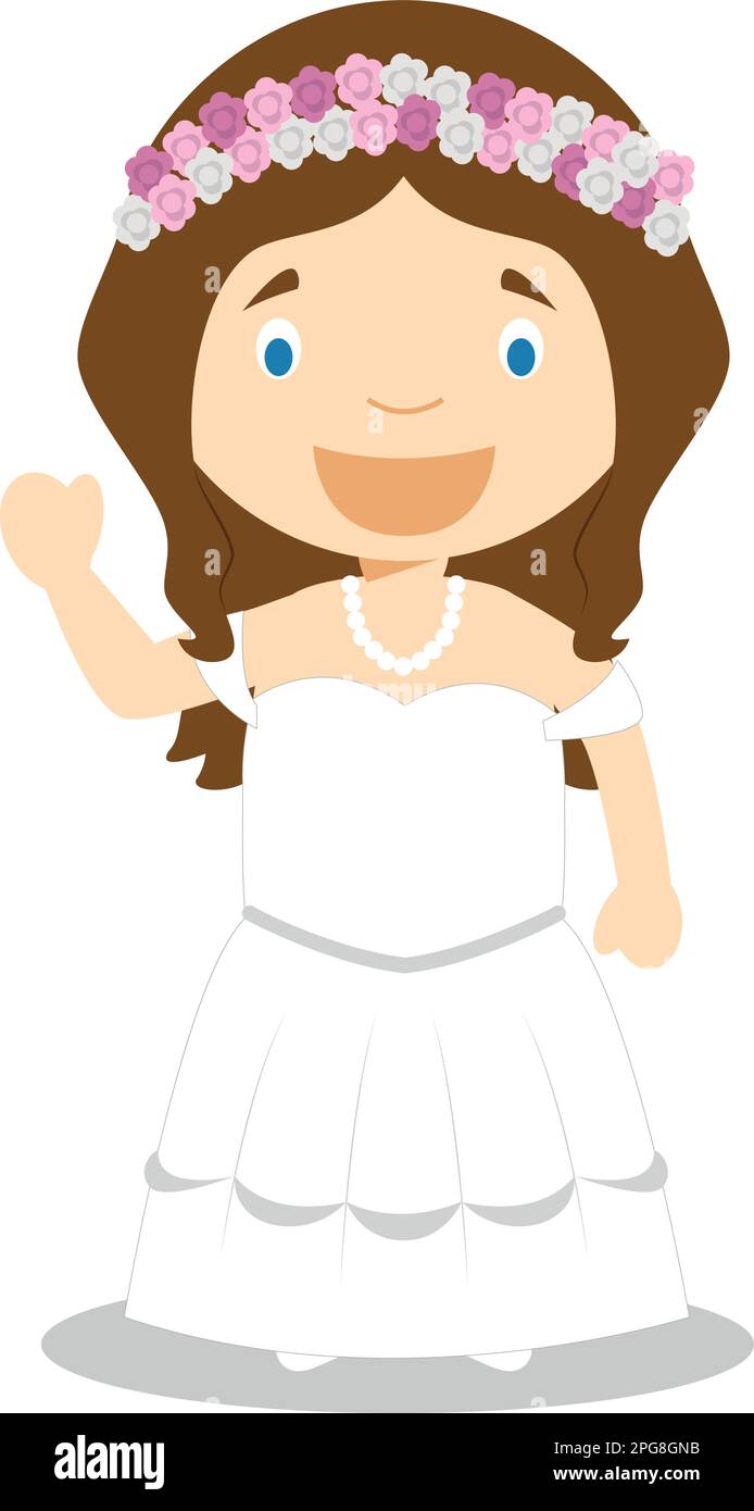 Die kaukasische Braut trägt ein Hochzeitskleid im Cartoon-Stil Vector Illustration Stock Vektor