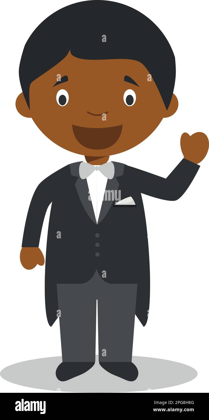 Schwarzer Bräutigam mit schwarzem Smoking im Cartoon-Stil Vector Illustration Stock Vektor