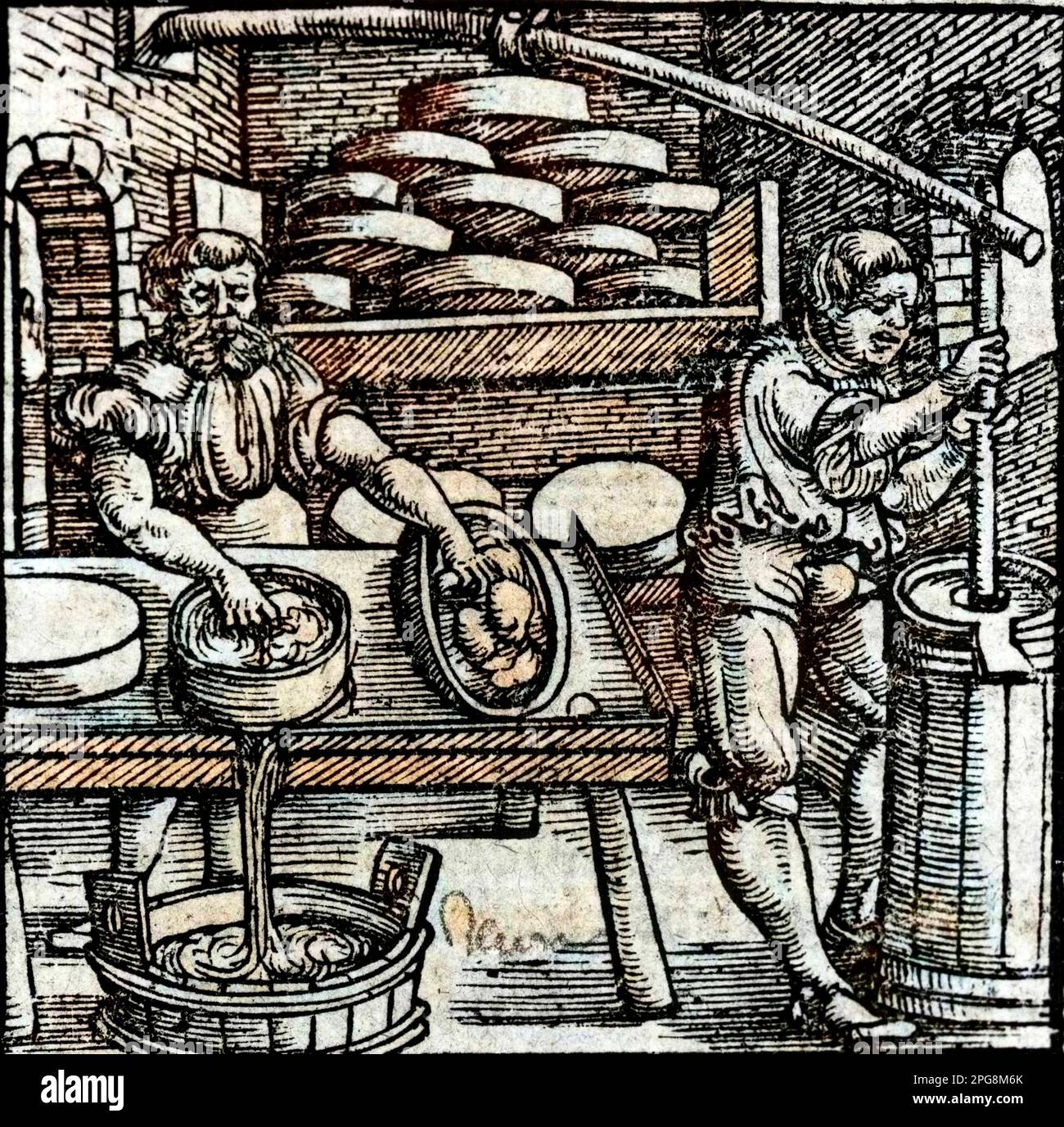 Fabricant de beurre et de fromage - Gravure du 17eme siecle Stockfoto