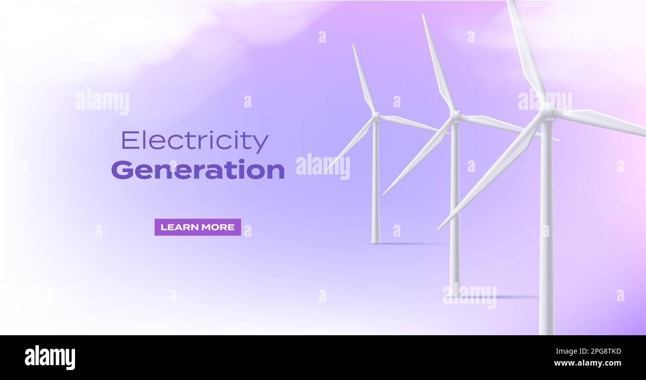 Illustration der Windkraftanlage 3D, Promo-Banner mit Mühlen hoch am Himmel mit Wolken auf violettem Hintergrund, nachhaltige Energie Stock Vektor
