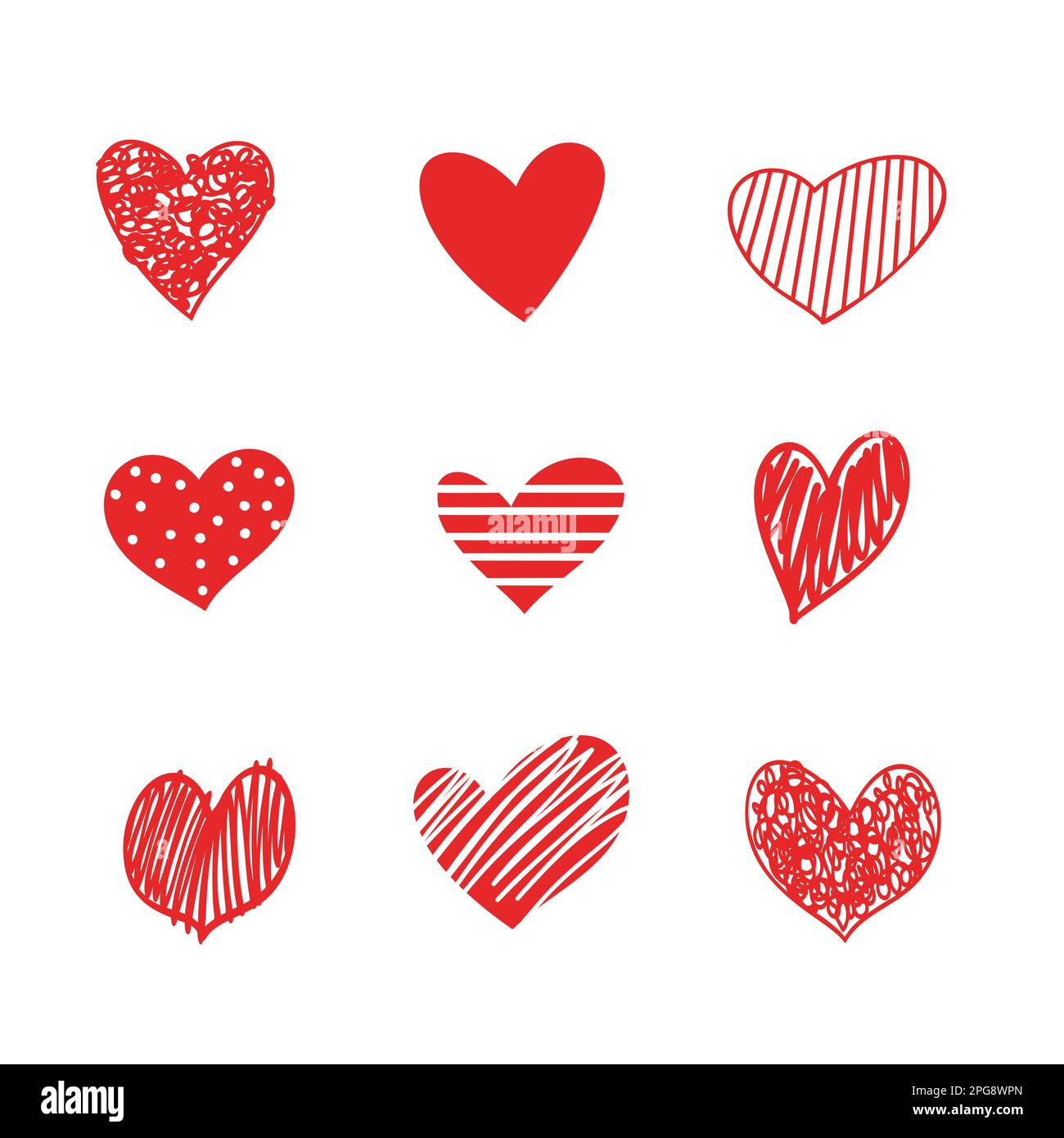 Doodle Hearts Skizzenset. Verschiedene handgezeichnete Liebesherzen-Ikone-Kollektion auf weißem Hintergrund. Rotes Herzsymbol für ein Paar Stock Vektor