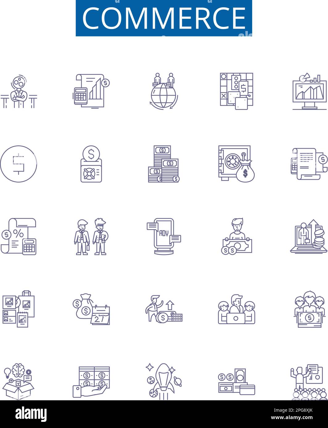 Symbole für Handelsposition - Zeichen festgelegt. Design-Sammlung von Handel, Export, Import, Einzelhandel, Verkauf, Grundkonzept Einkauf, Marketing, Versand Stock Vektor