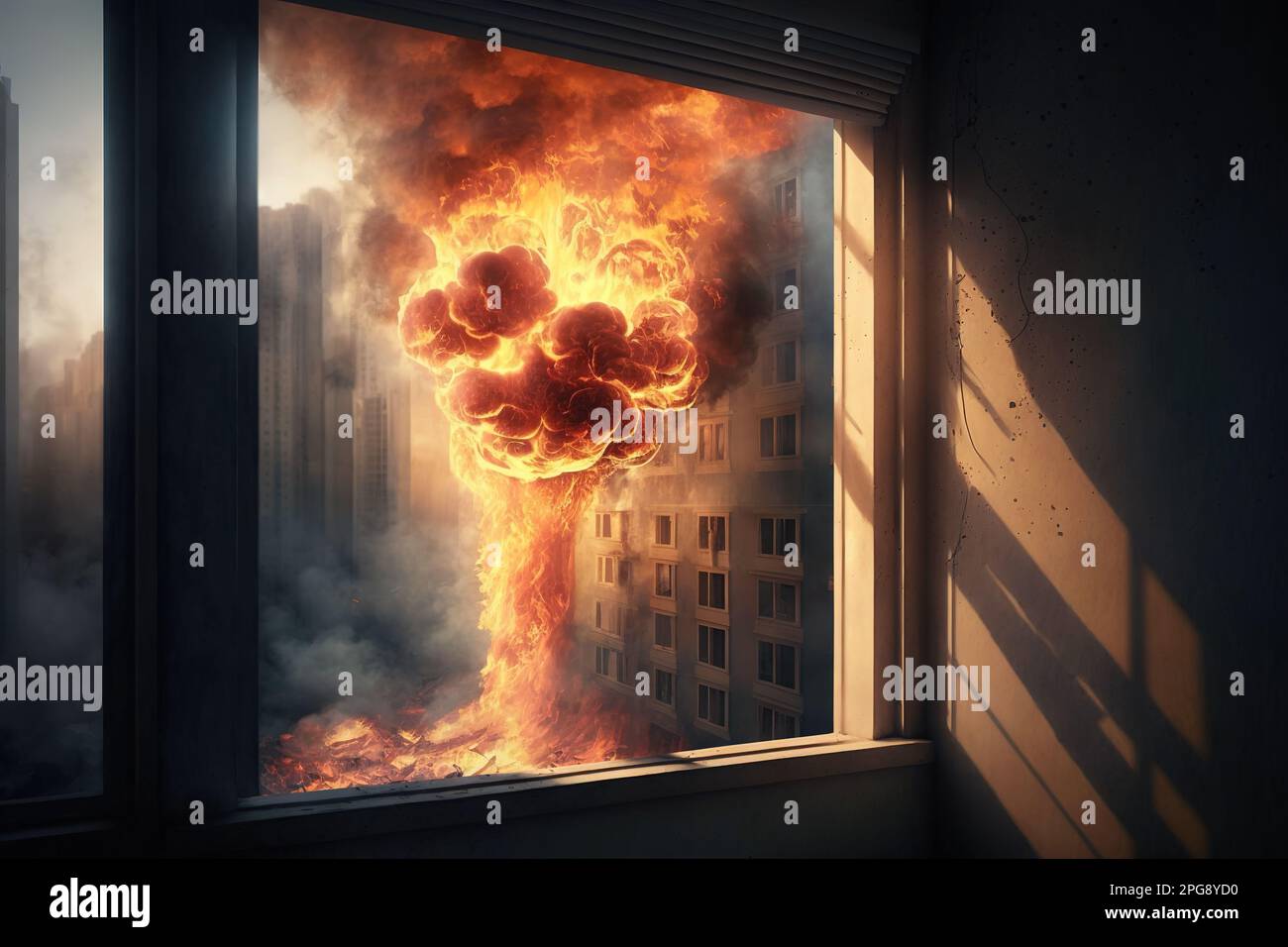 Großbrand vor einem Apartmenthaus, Verbundwerkstoff mit verschiedenen Elementen, hergestellt mit generativer KI Stockfoto
