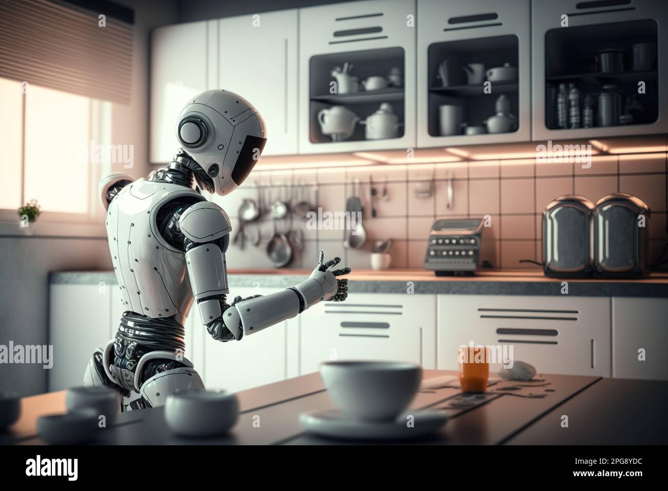 Häuslicher humanoider Roboter, der in der Küche eines Hauses arbeitet. Composite mit verschiedenen Elementen, die mit generativer KI erstellt wurden Stockfoto