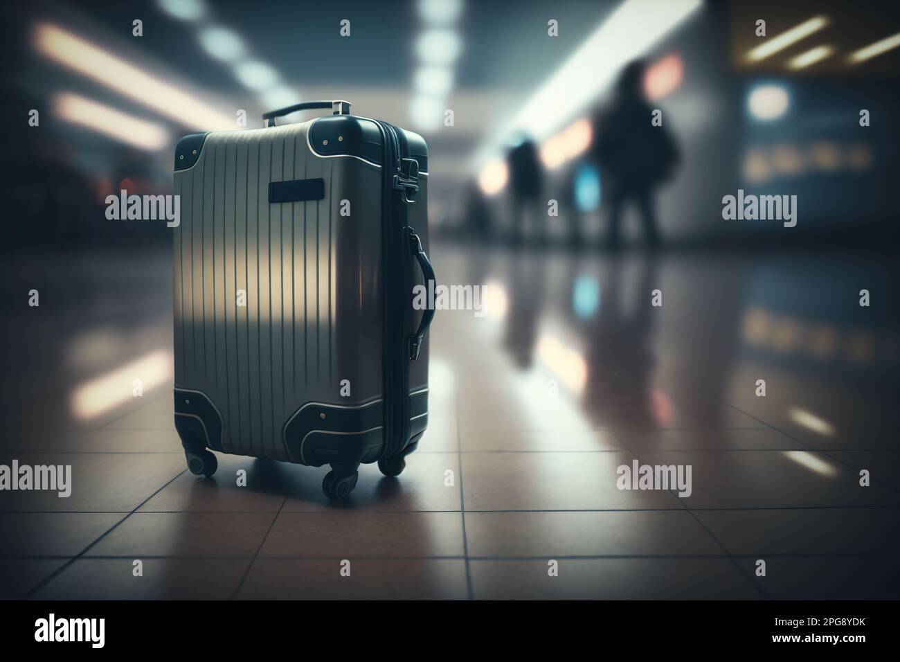 Verlassener Koffer am Flughafen. Composite mit verschiedenen Elementen, die mit generativer KI erstellt wurden Stockfoto