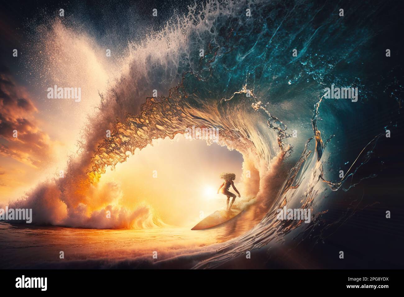 Eine Frau surft auf einer unglaublichen großen Welle. Composite mit verschiedenen Elementen, die mit generativer KI erstellt wurden Stockfoto
