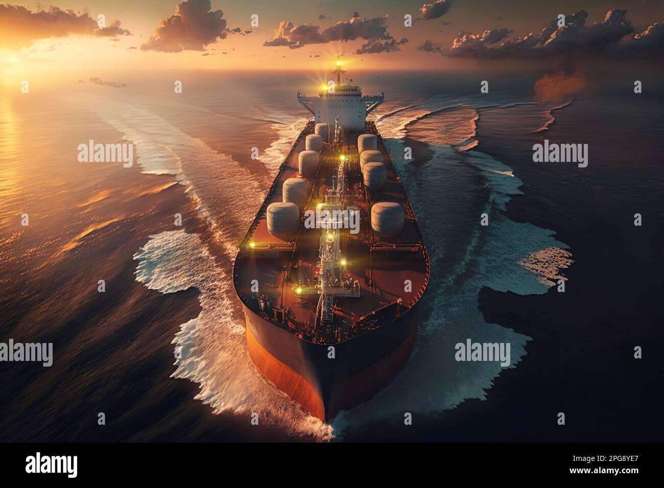 Luftaufnahme eines Treibgastankschiffs bei Sonnenuntergang. Composite mit verschiedenen Elementen, die mit generativer KI erstellt wurden Stockfoto