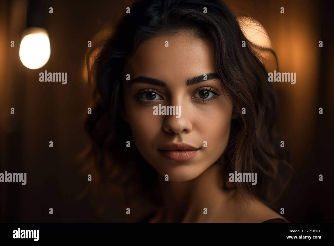 Hübsche junge latina, die in die Kamera schaut. Composite mit verschiedenen Elementen, die mit generativer KI erstellt wurden Stockfoto