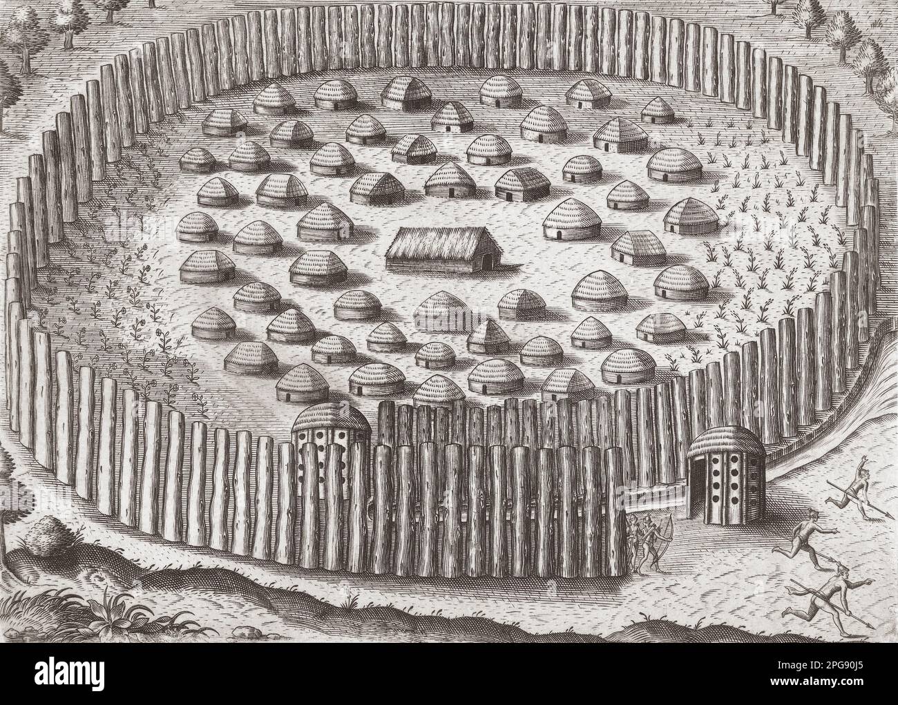 Ein indianisches Dorf in Florida im späten 16. Jahrhundert. Nach einer Gravur von Theodor de Bry Stockfoto