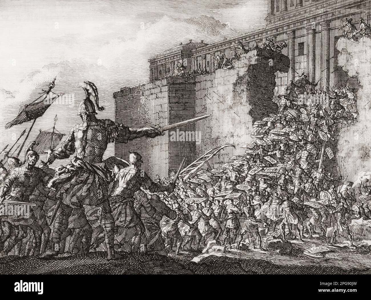 Pompejus griff 63 v. Chr. den Tempel in Jerusalem an, nachdem Aristobulus II. Sich weigerte, ihm die Stadt zu übergeben. Nach einer Arbeit von Jan Luyken. Stockfoto