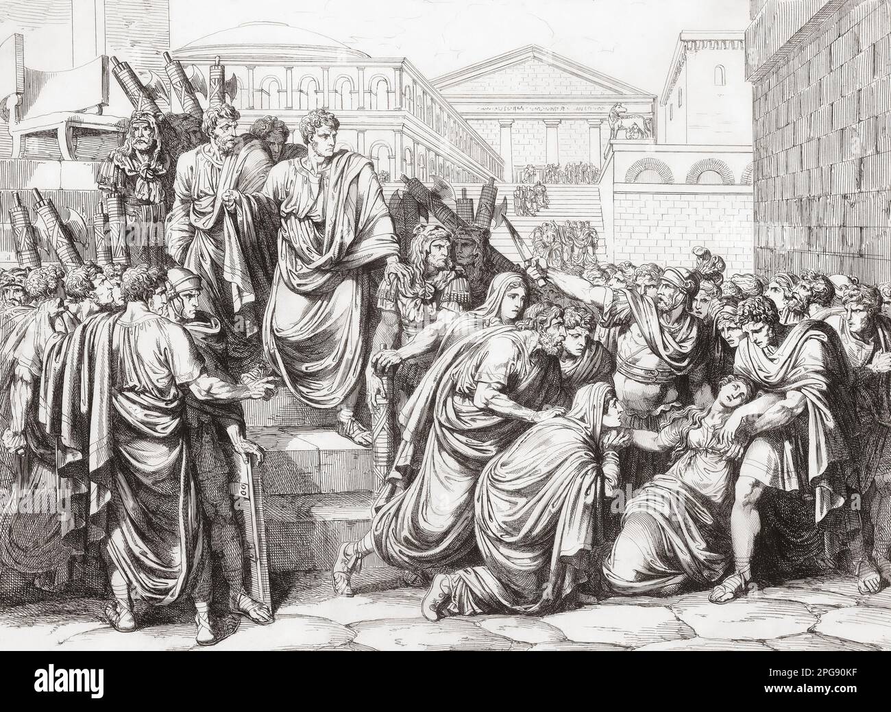Lucius Virginius tötet seine Tochter Verginia, anstatt zuzulassen, dass sie von römischem Senator Appius Claudius missbraucht wird. Obwohl Appius Claudius eine historische Figur ist, die Geschichte der Vergenia, wird der Vorfall als Erfindung betrachtet. Nach einem Werk aus dem 19. Jahrhundert von Bartolomeo Pinelli. Stockfoto
