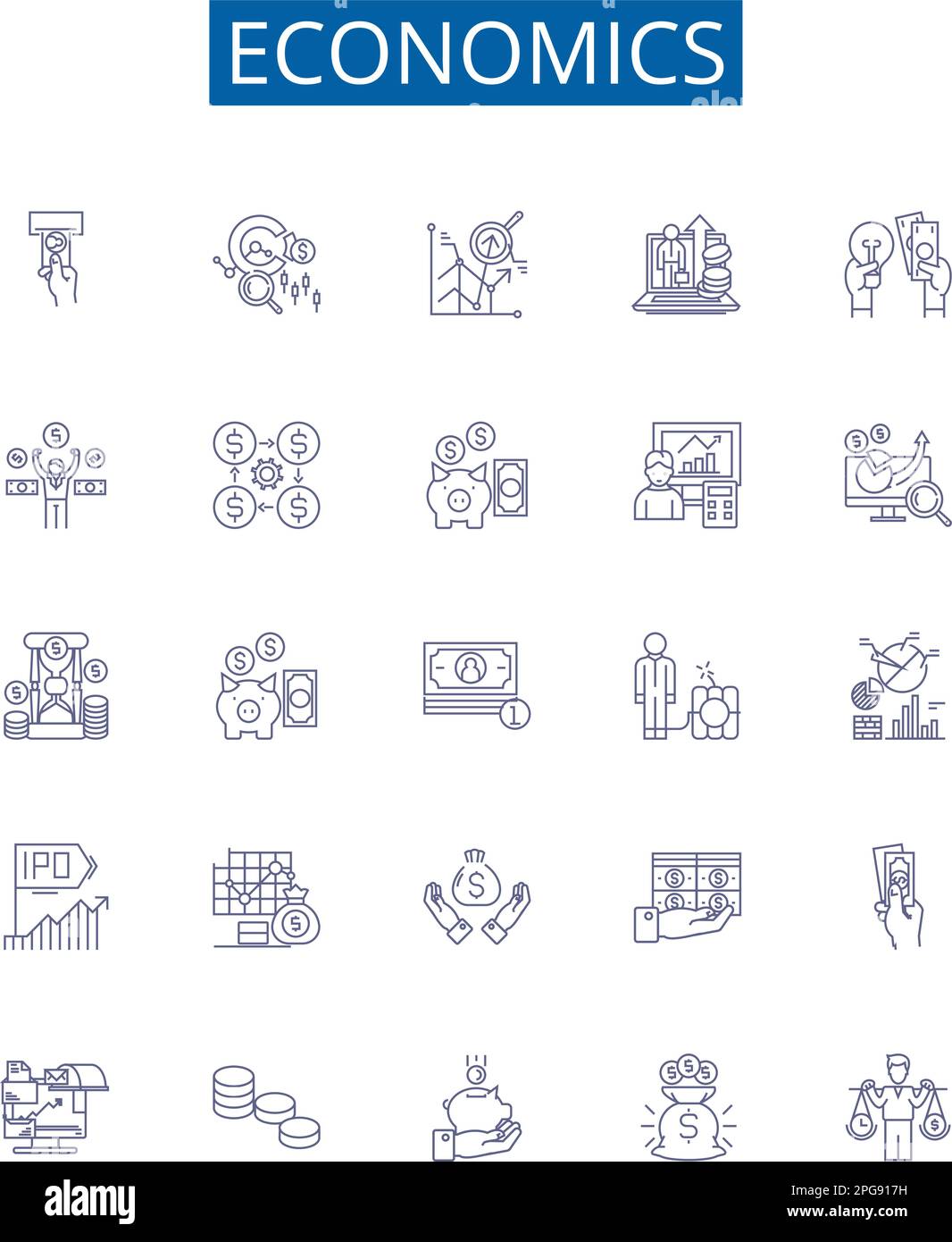 Symbole für Wirtschaftslinien sind gesetzt. Design-Sammlung von Wirtschaft, Finanzen, Angebot, Nachfrage, Kapital, Konzeptvektor für Produktion, Investitionen, Handel Stock Vektor