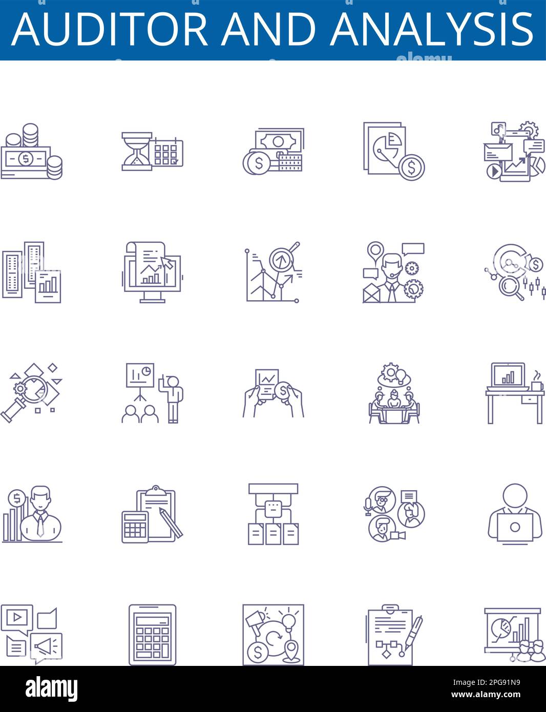 Symbole für Prüfer- und Analysezeilen sind gesetzt. Designsammlung von Auditor, Analyse, Auditing, Analysieren, Evaluieren, Überprüfung, Inspektion, Überprüfung Stock Vektor