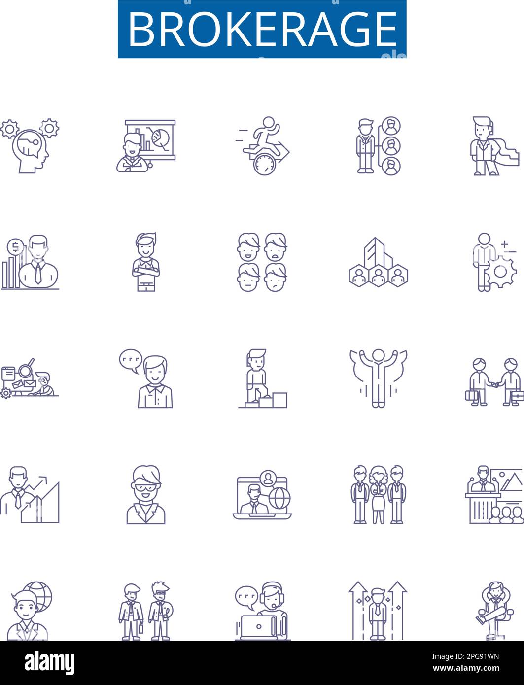 Symbole für Brokerage-Position - Zeichen festgelegt. Designsammlung von Maklerei, Handel, Makler, Firmen, Wertpapieren, Anleihen, Aktien, Futures umreißen den Konzeptvektor Stock Vektor