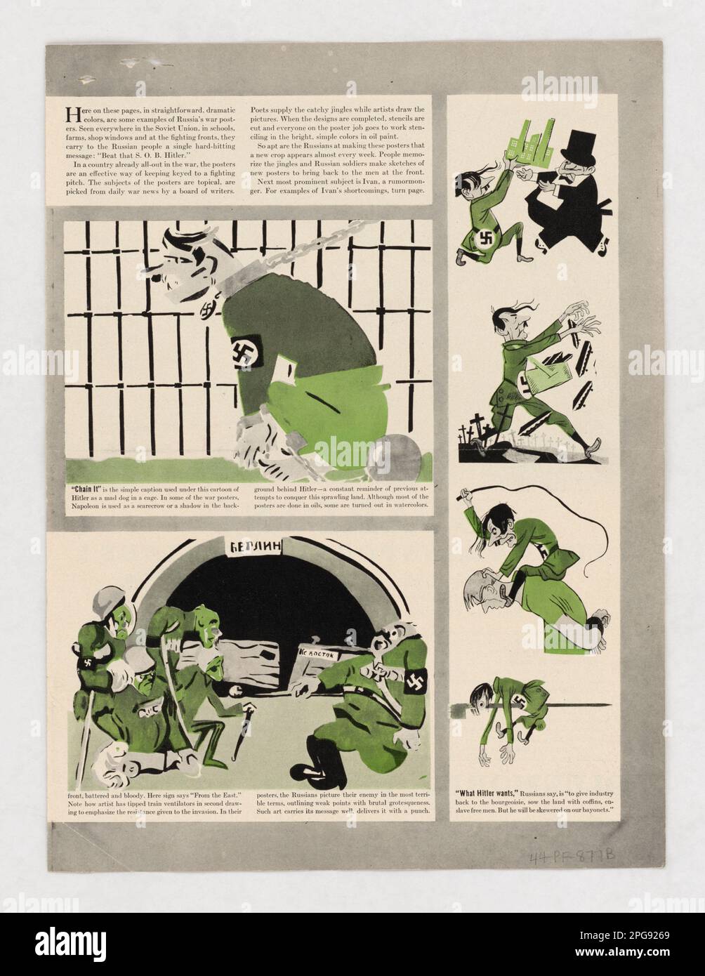 Russische Kriegsposter. 1942 - 1945. Büro für Notfallmanagement. Information des Kriegsamtes. Niederlassung Für Inlandsbetrieb. Büro für Sonderdienste. 3/9/1943-9/15/1945. Auslandsposter aus dem Zweiten Weltkrieg Stockfoto