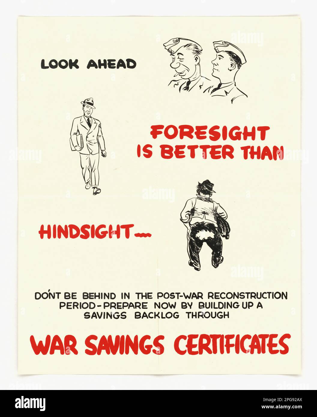 Blick nach vorn – Voraussicht ist besser als Rückblick. 1942 - 1945. Büro für Notfallmanagement. Information des Kriegsamtes. Niederlassung Für Inlandsbetrieb. Büro für Sonderdienste. 3/9/1943-9/15/1945. Auslandsposter aus dem Zweiten Weltkrieg Stockfoto