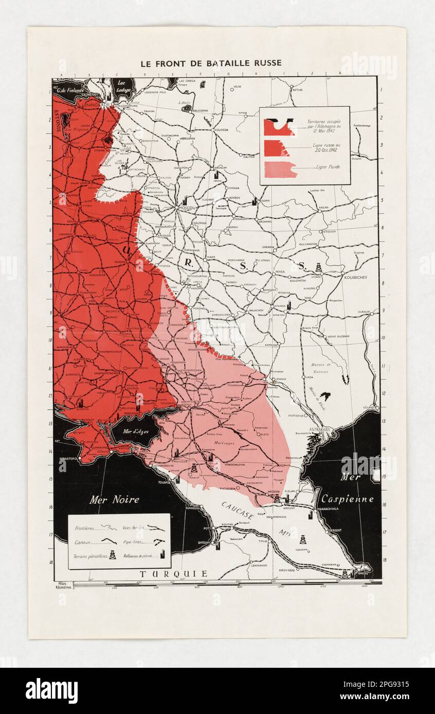 Le Front de Bataille Russe. 1942 - 1945. Büro für Notfallmanagement. Information des Kriegsamtes. Niederlassung Für Inlandsbetrieb. Büro für Sonderdienste. 3/9/1943-9/15/1945. Auslandsposter aus dem Zweiten Weltkrieg Stockfoto