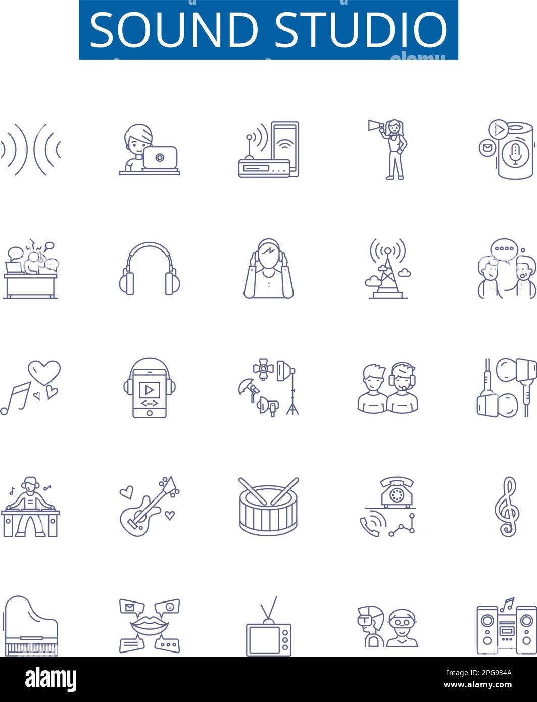 Symbole für Tonstudio-Linien eingestellt. Designkollektion aus Aufnahme, Mixen, Musik, SoundStage, Mikrofon, Entwurf für Producer, Audio, Rundfunk Stock Vektor