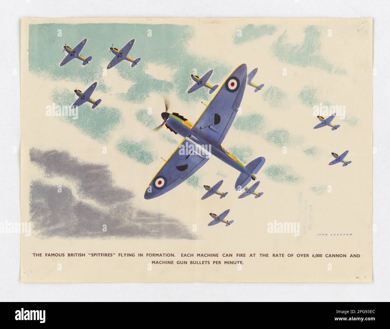 Die berühmten britischen "Spitfire" fliegen in Formation. Künstler: James Gardner. 1942 - 1945. Büro für Notfallmanagement. Information des Kriegsamtes. Niederlassung Für Inlandsbetrieb. Büro für Sonderdienste. 3/9/1943-9/15/1945. Auslandsposter aus dem Zweiten Weltkrieg Stockfoto