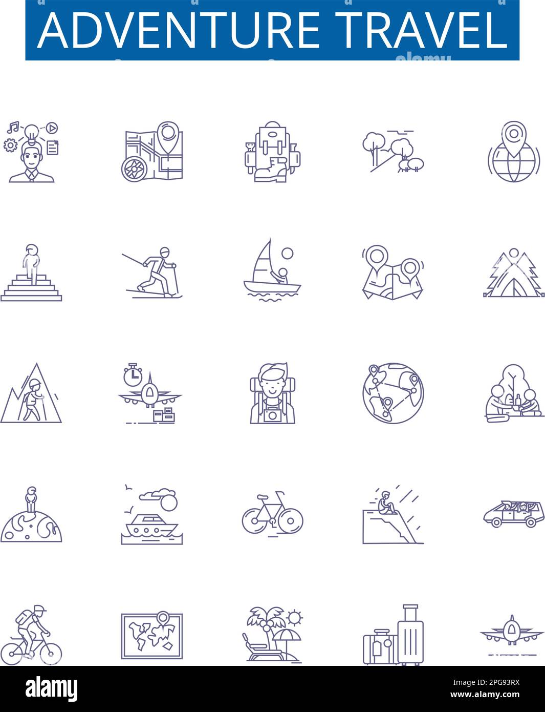 Symbole für Abenteuer-Reiselinie. Design-Sammlung von Wandern, Trekking, Kanufahren, Camping, Skifahren, Kajakfahren, Rafting, Klettern, Modellkonzept Stock Vektor