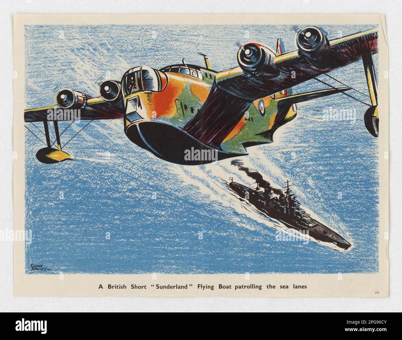 Ein britisches Kurzboot „Sunderland“, das die Sea Lanes patrouilliert. Land: Britischer Künstler: Roland Davies. 1942 - 1945. Büro für Notfallmanagement. Information des Kriegsamtes. Niederlassung Für Inlandsbetrieb. Büro für Sonderdienste. 3/9/1943-9/15/1945. Auslandsposter aus dem Zweiten Weltkrieg Stockfoto