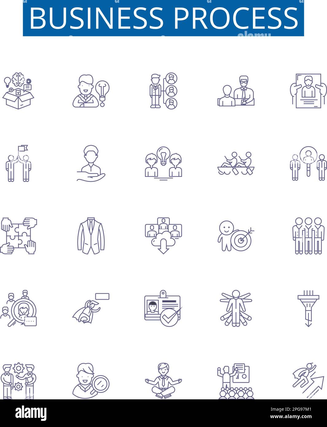 Symbole für Geschäftsprozesszeilen sind gesetzt. Designsammlung aus Finanzen, Produktion, Management, Outsourcing, Automatisierung, Compliance, Planung, Logistik Stock Vektor