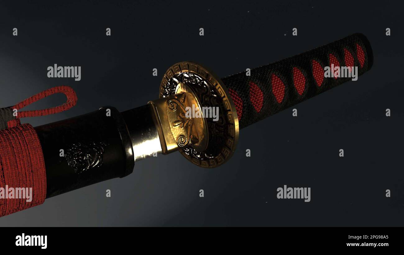 Nahaufnahme eines traditionellen japanischen Samurai-Schwerts mit komplexen Details und einer einzigartigen zweifarbigen Farbpalette in Rot und Schwarz Stockfoto