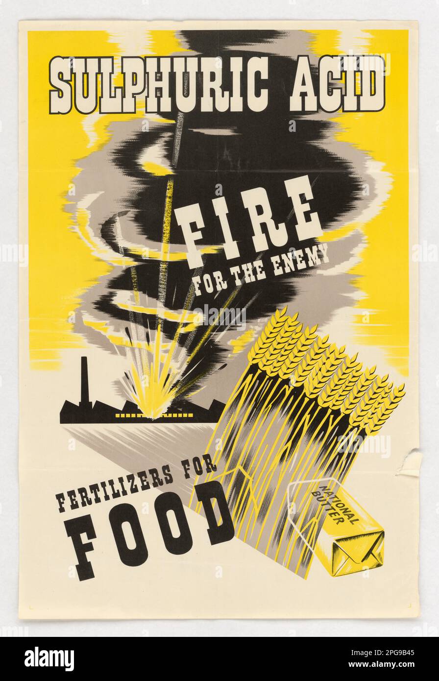 Schwefelsäure - Feuer für den Feind - Dünger für Lebensmittel. 1942 - 1945. Büro für Notfallmanagement. Information des Kriegsamtes. Niederlassung Für Inlandsbetrieb. Büro für Sonderdienste. 3/9/1943-9/15/1945. Auslandsposter aus dem Zweiten Weltkrieg Stockfoto