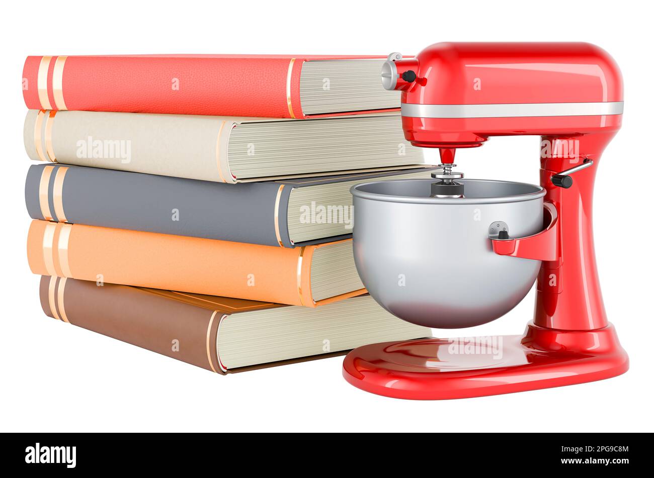 Kochbücher mit Standmixer, 3D-Rendering auf weißem Hintergrund isoliert Stockfoto