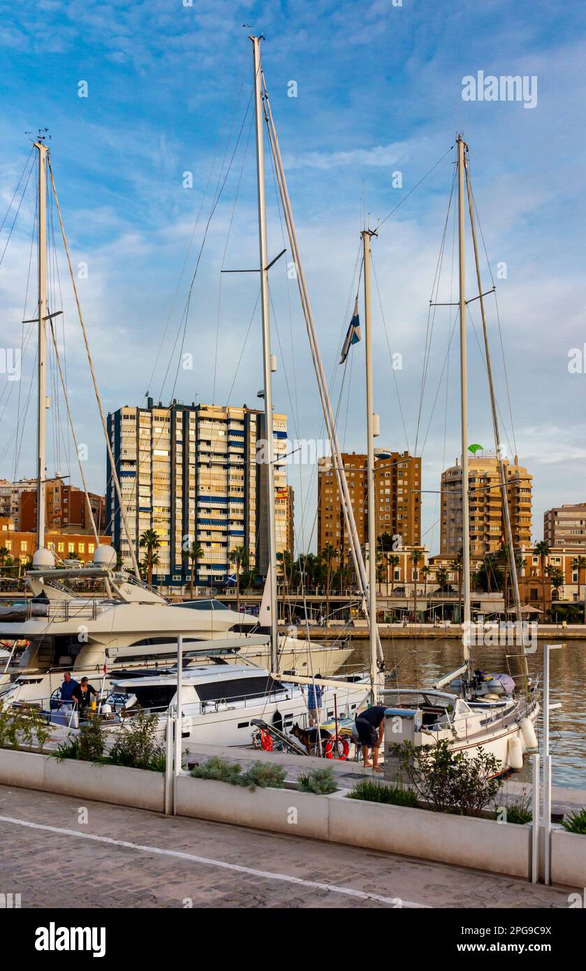 Luxuriöse Segelyachten liegen im Hafen von Malaga an der Costa del Sol in Andalusien im Süden Spaniens vor. Stockfoto