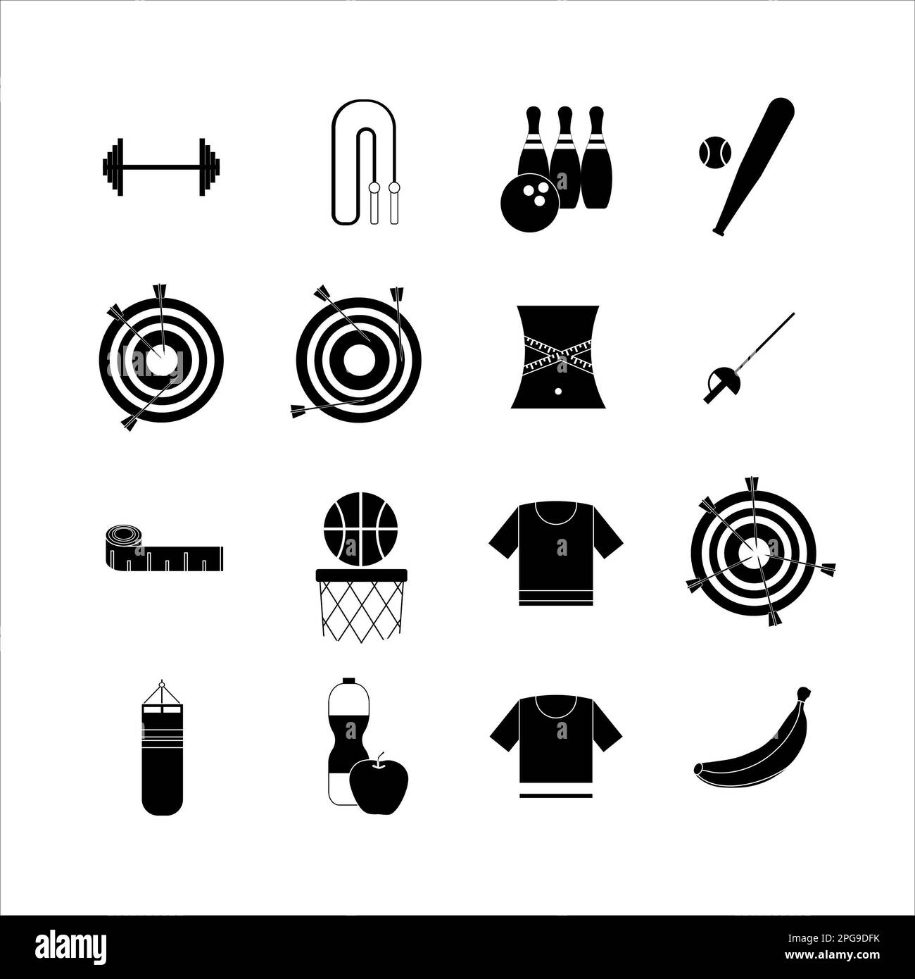 Kollektion von Ikonen mit verschiedenen Sportarten und gesunder Ernährung im einfachen Design Stockfoto