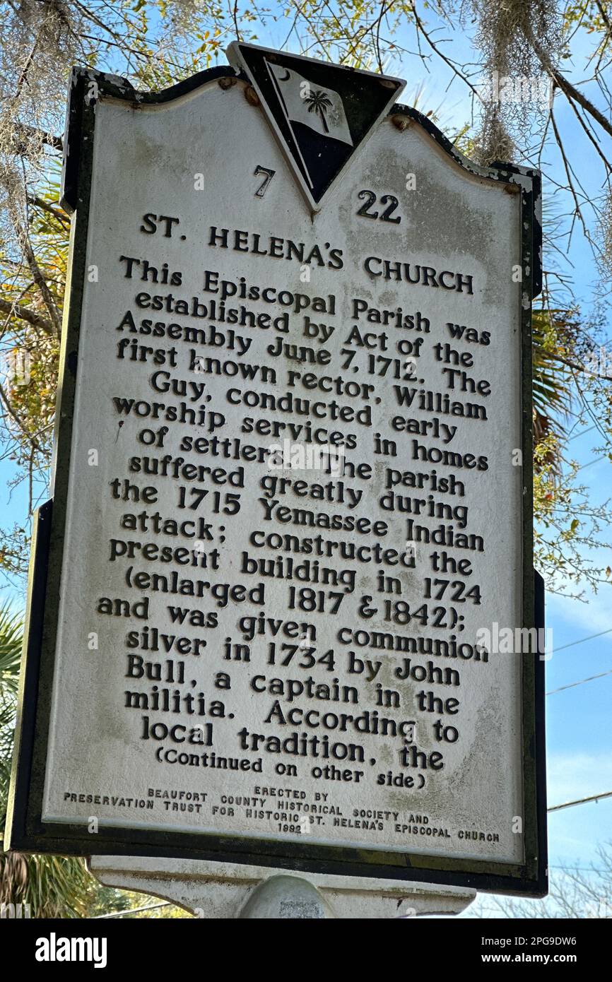 Historisches St. Informationsschild Helena's Church in Beaufort, South Carolina Stockfoto