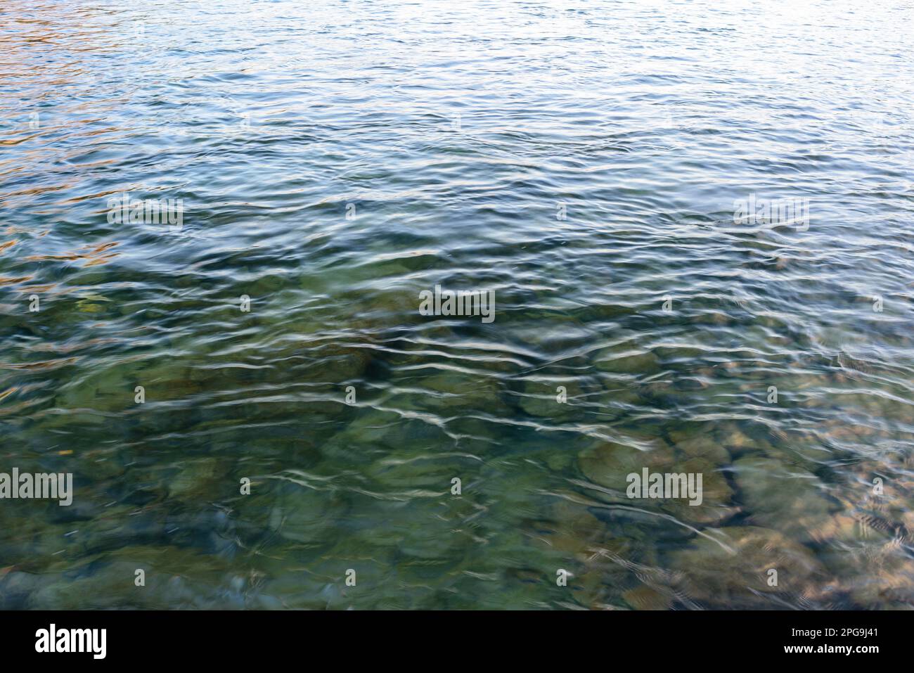 Steinufer des Bergflusses Katun mit klarem Wasser und Wellen. Stockfoto