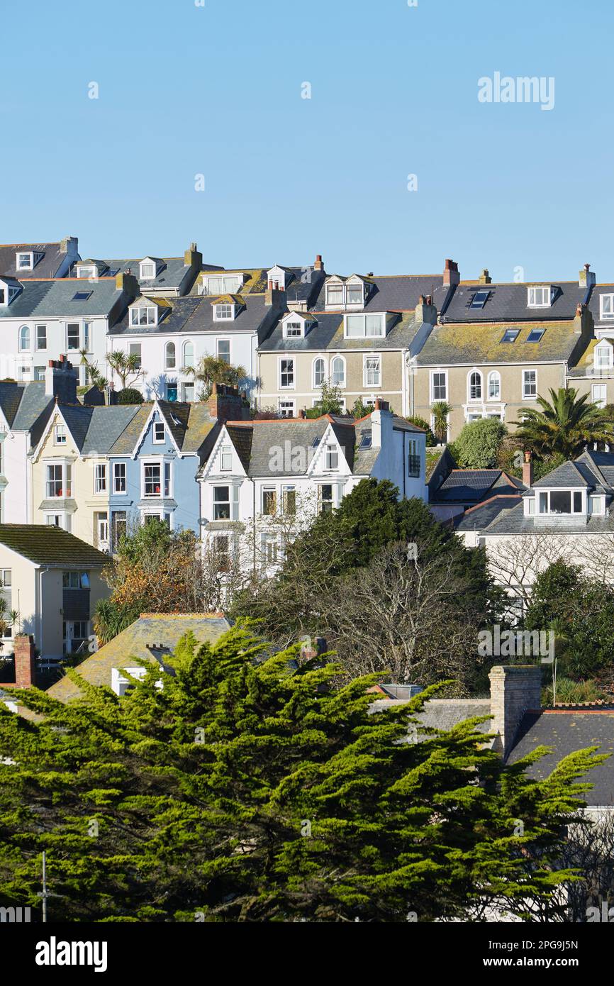 St. Ives, Großbritannien – Nahaufnahme einer Gruppe von traditionellen Häusern mit Bäumen Stockfoto