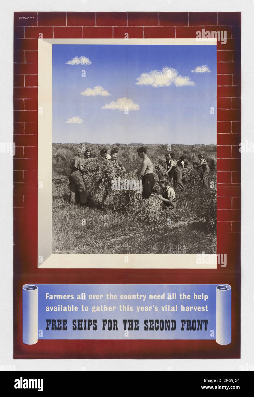 Bauern im ganzen Land brauchen alle Hilfe, um die diesjährige Vital Harvest zu sammeln – kostenlose Lieferungen für die Second Front. Land: England Künstler: Beverly Pick Gedruckt Von: Henry Hildesley, Ltd. 1942 - 1945. Büro für Notfallmanagement. Information des Kriegsamtes. Niederlassung Für Inlandsbetrieb. Büro für Sonderdienste. 3/9/1943-9/15/1945. Auslandsposter aus dem Zweiten Weltkrieg Stockfoto